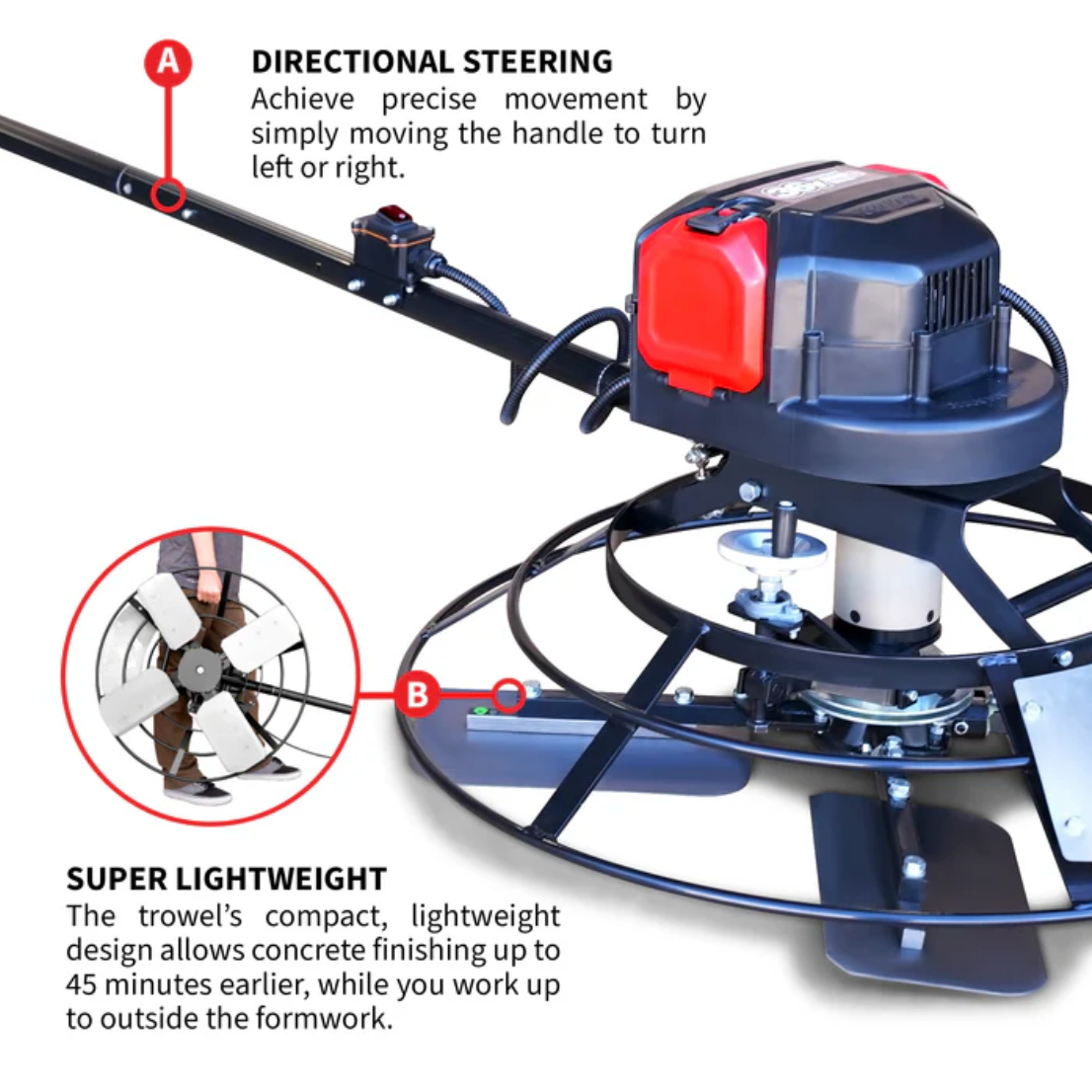 30" Portable Concrete Power Trowel with 18ft Bull Float Handle Battery Powered, 1 battery included