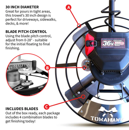 30" Portable Concrete Power Trowel with 18ft Bull Float Handle Battery Powered, 1 battery included